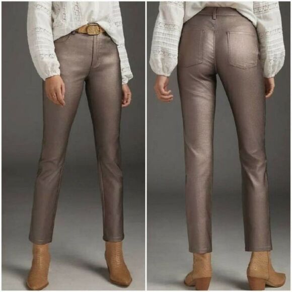 NWT Anthropologie/Avec Les Filles Metallic Straight Skinny Pant Silver Taupe 27 - Picture 12 of 12